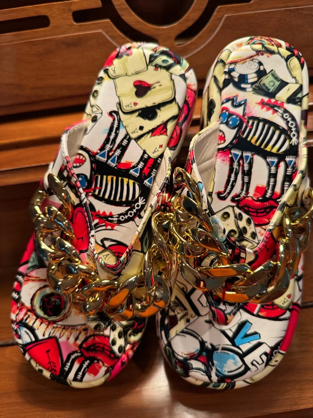 Gold-Chain Graphic Print Slide Sandals - Multicolor